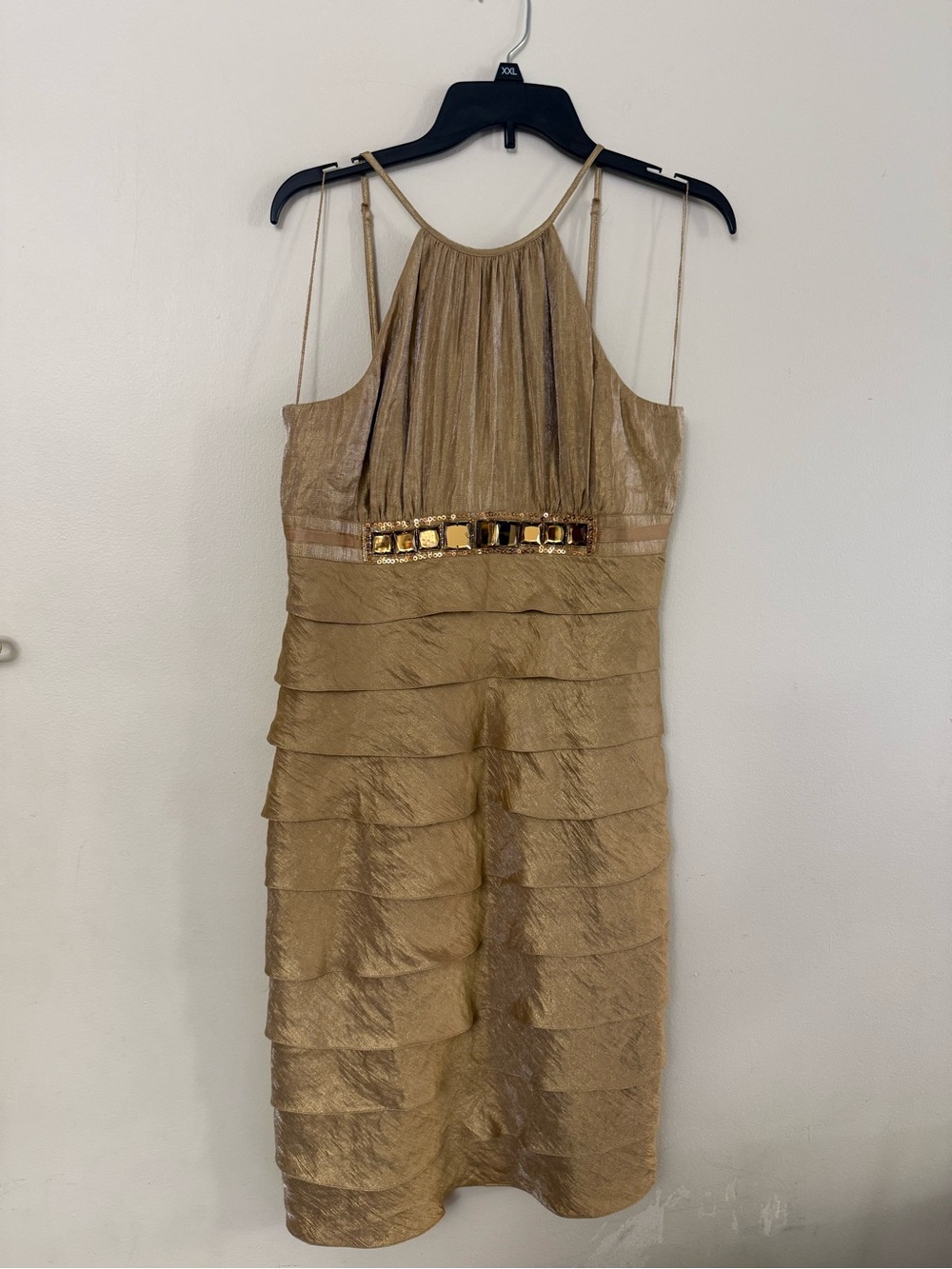 Adrianna Papell Metallic Gold Tiered Halter Dress with Embellished Waist